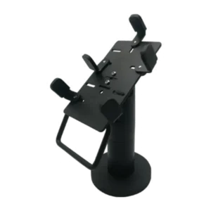 Black metal payment device stand with adjustable height and security features, offering stable mounting solution for POS terminals in high-traffic retail environments