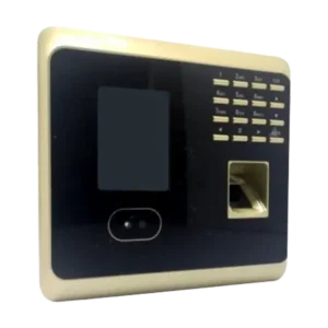 Multi-function employee time clock with facial recognition, fingerprint scanner and keypad, featuring cream and black design for secure workplace attendance tracking